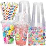 Acellegic 50 Set Easter Clear Plastic Cups with Lids & Paper Straws 16oz Disposa