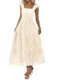 Lazysmile Womens Summer Maxi Dress Square Neck Ruffle Cap Sleeve Hollow Out Eyel