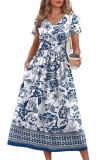 OFEEFAN Summer Dresses for Women Flowy Short Sleeve V Neck A Line Dress Work Spr