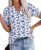 PRETTYGARDEN Womens Floral Short Sleeve Blouses,White Blue Flower,M