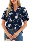 Simplee Womens Button Down Puff Ruffle Short Sleeve Blouse Tops V Neck Summer Em