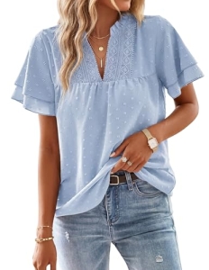 Aprolive Women Dressy V Neck Blouses Butterfly Ruffle Short Sleeve Shirts Cute D
