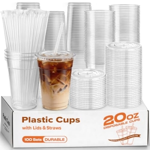 PODJULFA 100 Pack 20oz Plastic Cups with Lids and Straws